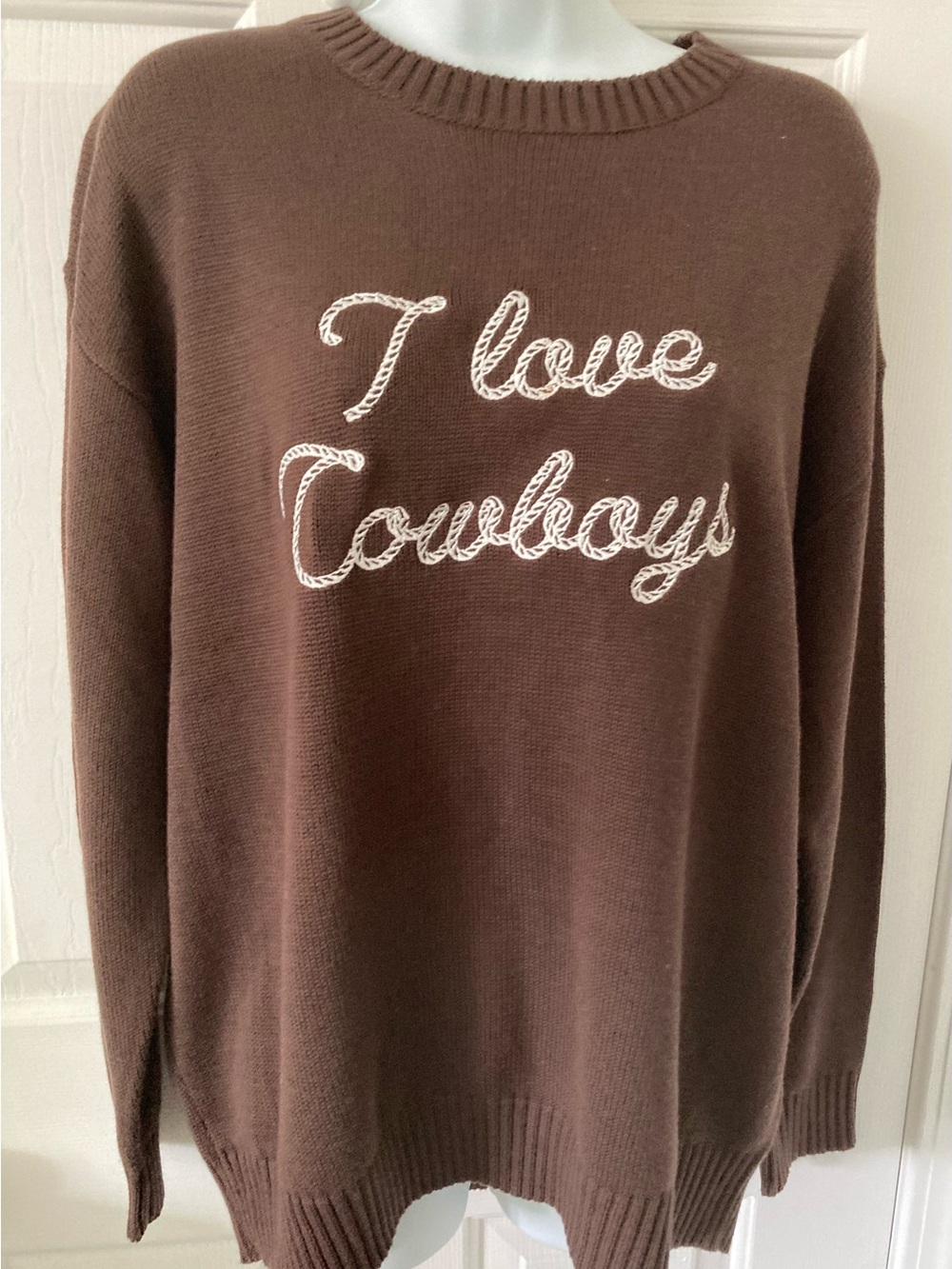 Brown Off-the-Shoulder Sweater with 'I Love Cowboys' Script